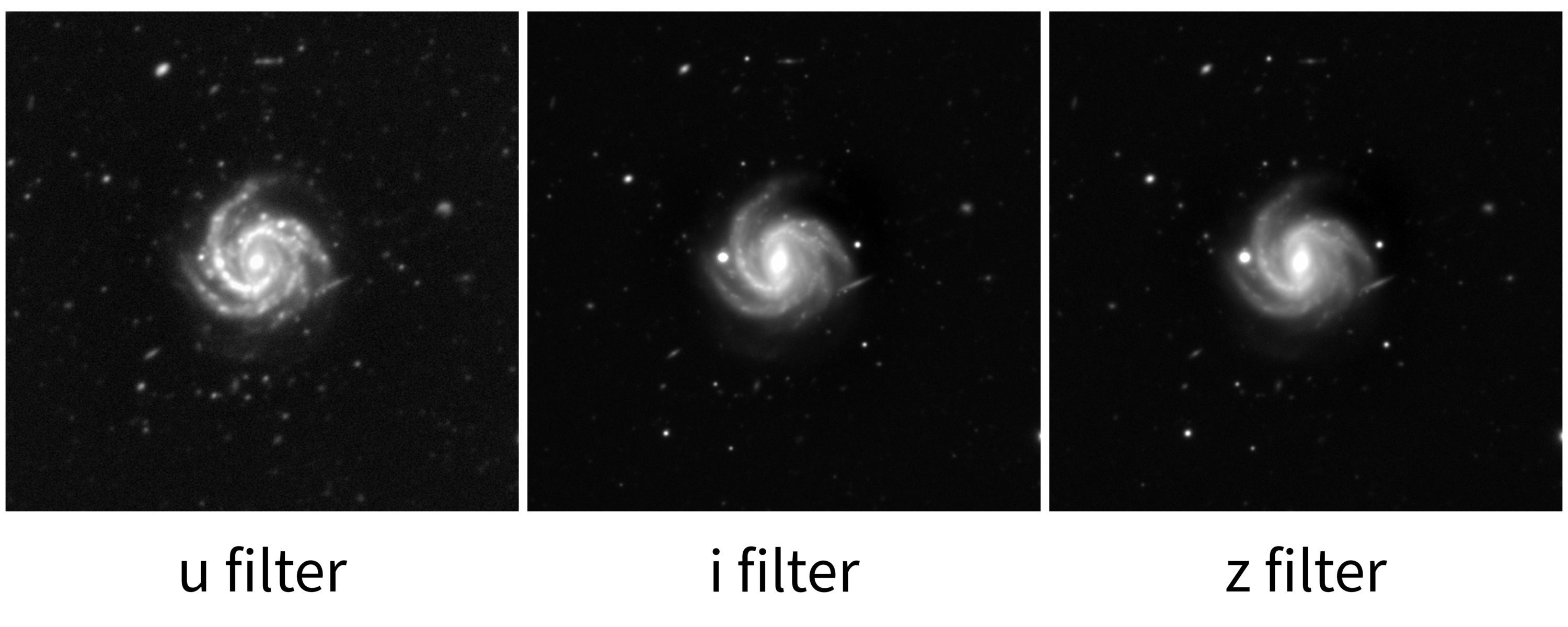 Spiral galaxy image in grayscale u, i, and z filters